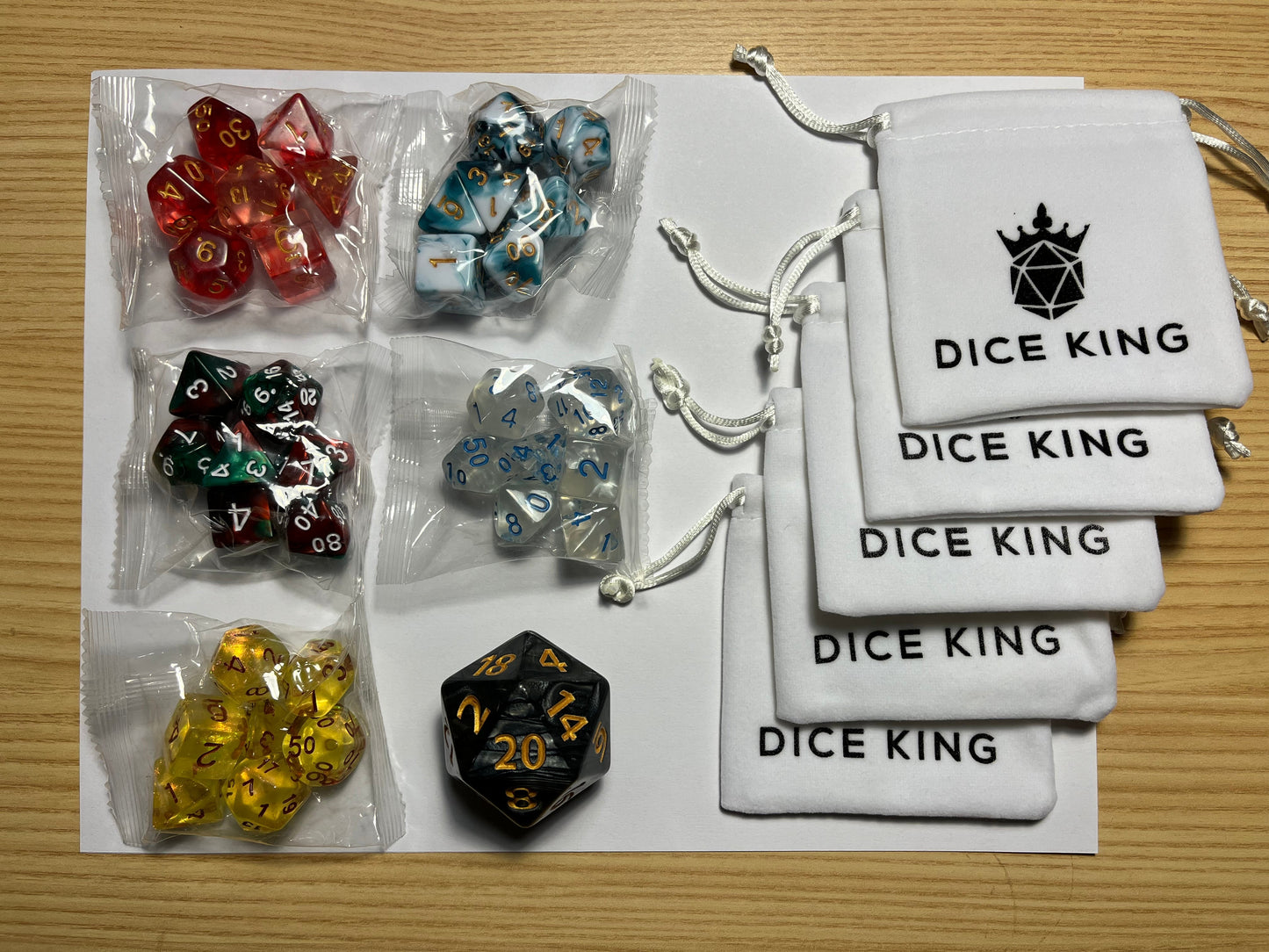 Instant Party! Five premium Dice sets, plus 1 chonk d20, for $10 plus shipping