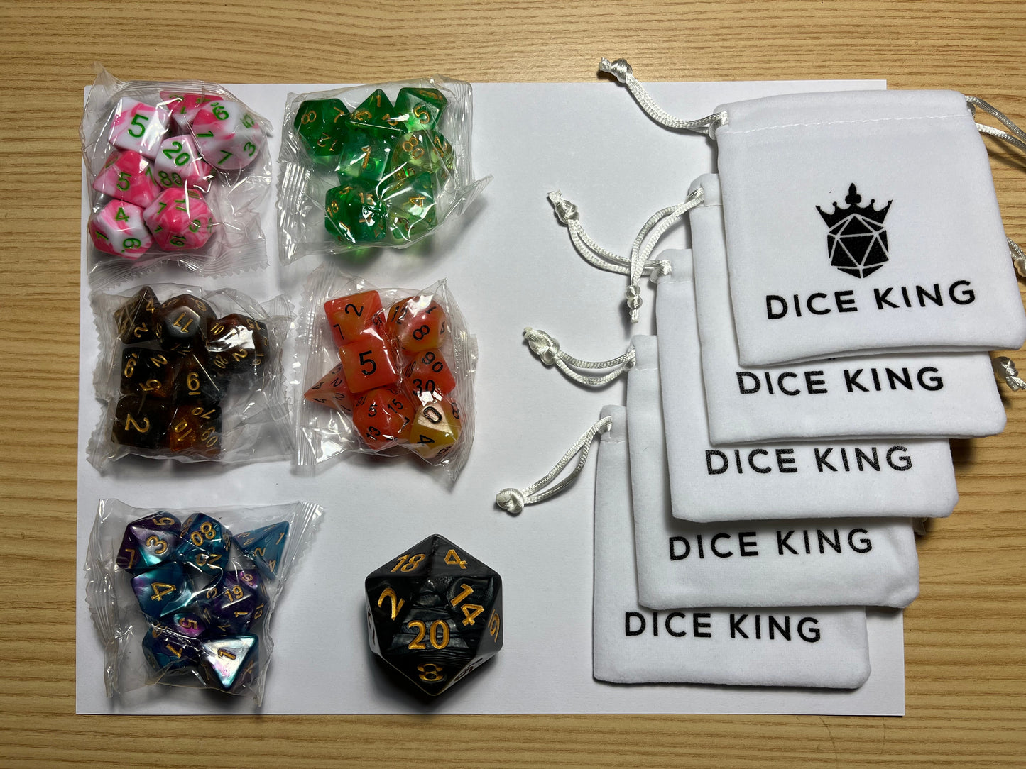 Instant Party! Five premium Dice sets, plus 1 chonk d20, for $10 plus shipping