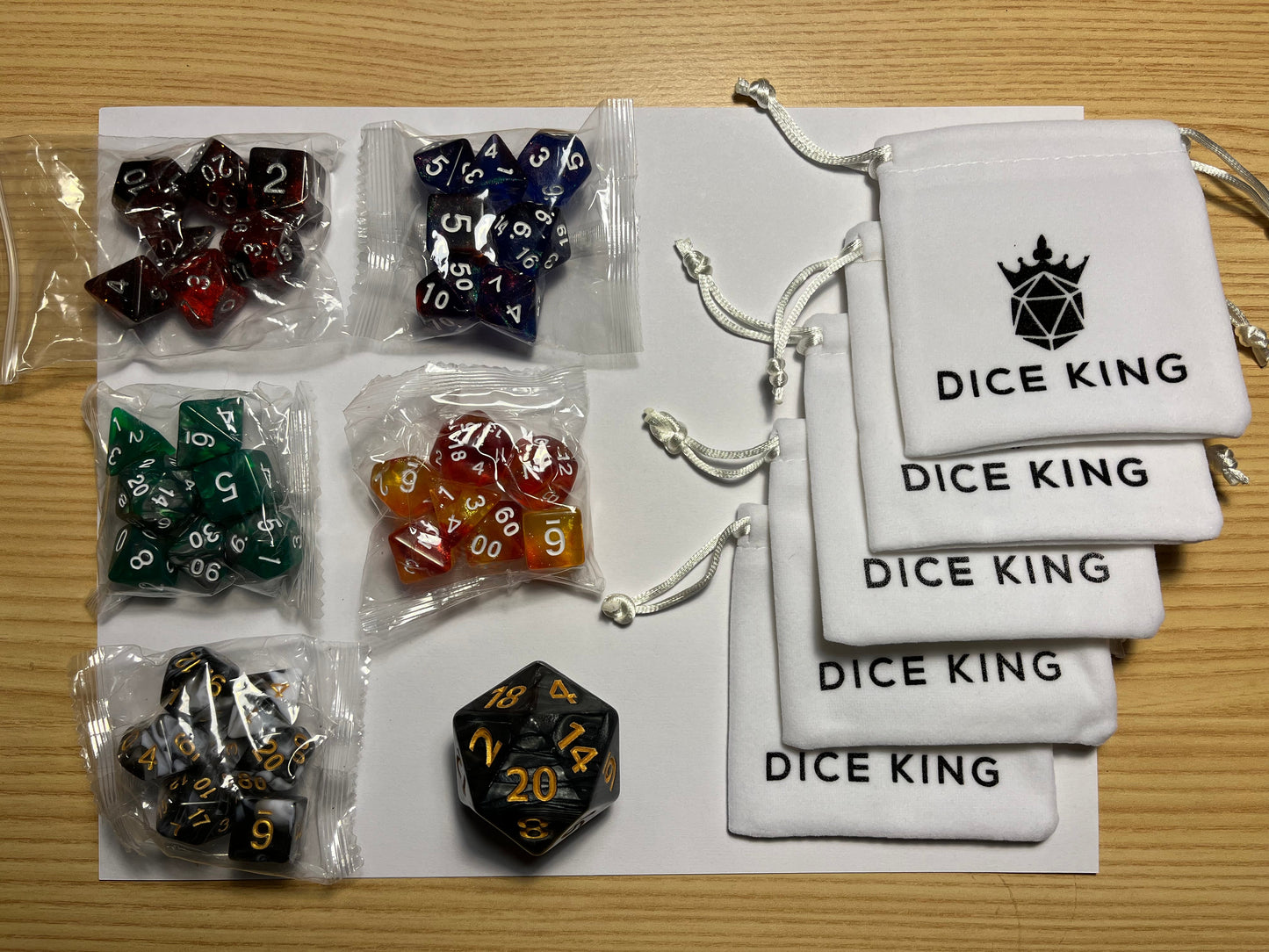 Instant Party! Five premium Dice sets, plus 1 chonk d20, for $10 plus shipping