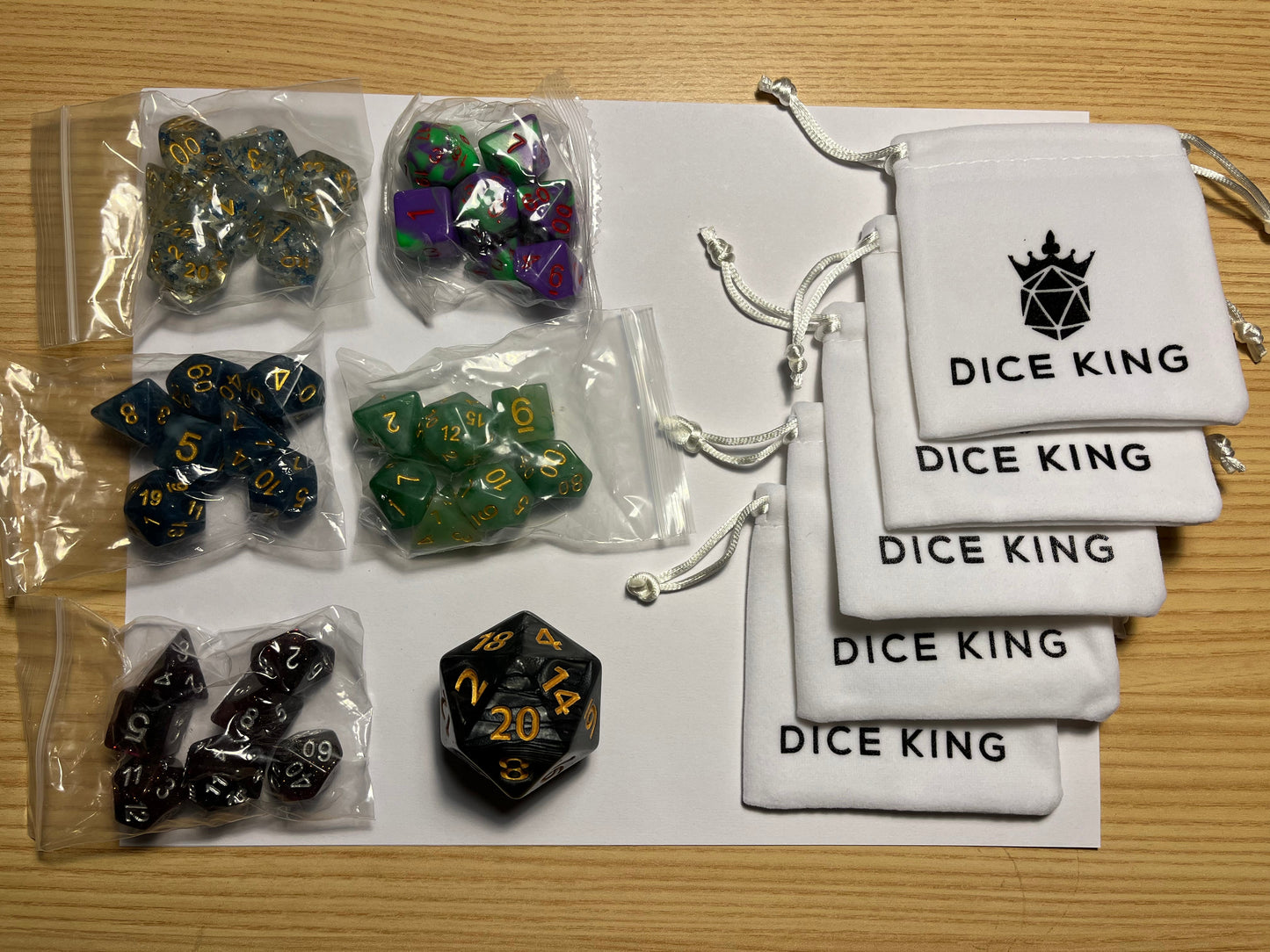 Instant Party! Five premium Dice sets, plus 1 chonk d20, for $10 plus shipping