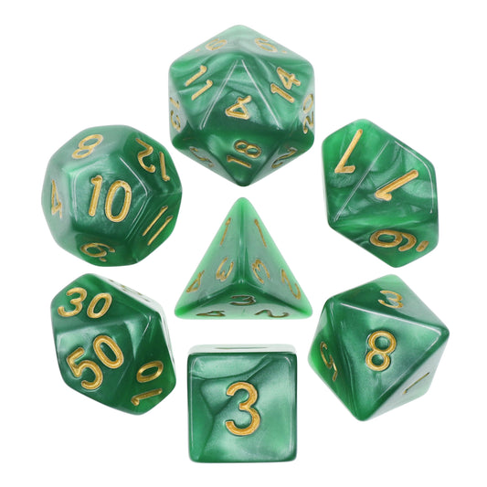 7-piece set of polyhedral dnd rpg dice, pearlescent green with gold-painted numbers.